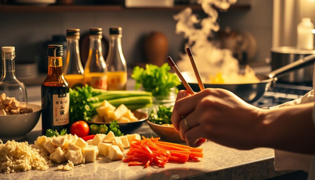 A well-lit kitchen counter showcases an array of Cantonese ingredients, including freshly chopped ginger, silky tofu, glistening soy sauce bottles, and a variety of vibrant vegetables. In the foreground, a chef's hands deftly manipulate chopsticks, demonstrating the precision and technique required for Cantonese cuisine. In the background, a steaming wok emits fragrant aromas, hinting at the complex flavors that will emerge from this culinary alchemy. The scene is bathed in a warm, golden light, creating a cozy and inviting atmosphere that captures the essence of Cantonese cooking. A well-lit kitchen counter showcases an array of Cantonese ingredients, including freshly chopped ginger, silky tofu, glistening soy sauce bottles, and a variety of vibrant vegetables. In the foreground, a chef's hands deftly manipulate chopsticks, demonstrating the precision and technique required for Cantonese cuisine. In the background, a steaming wok emits fragrant aromas, hinting at the complex flavors that will emerge from this culinary alchemy. The scene is bathed in a warm, golden light, creating a cozy and inviting atmosphere that captures the essence of Cantonese cooking.