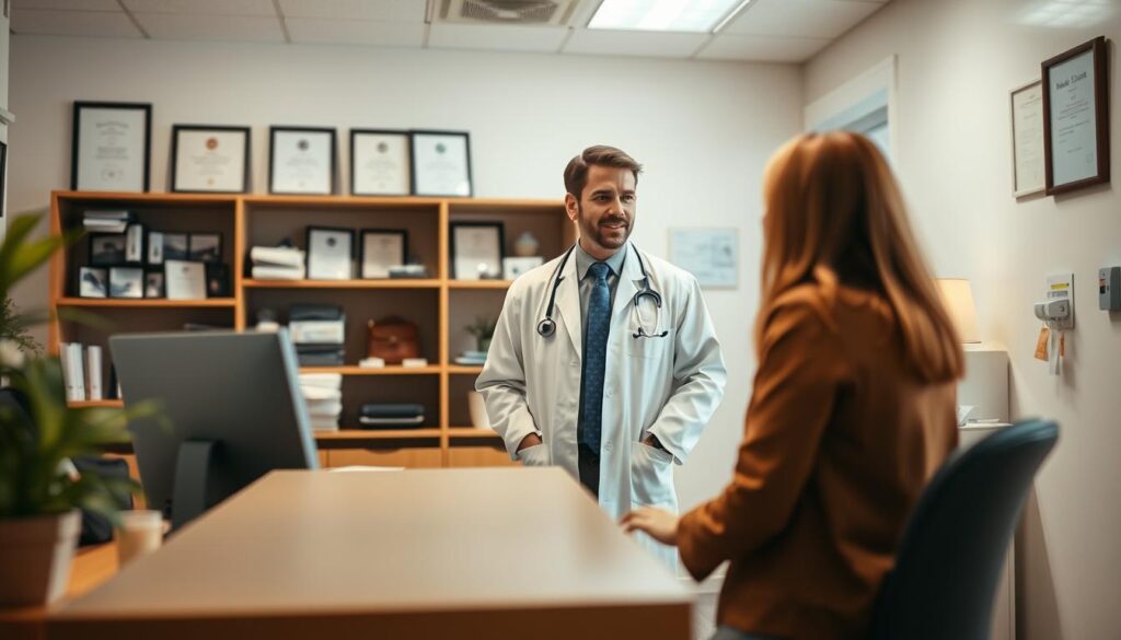 A well-lit medical office interior, with a front desk and reception area in the foreground. In the middle ground, an ENT specialist in a white coat and stethoscope consults with a patient. The background features shelves of medical equipment and diplomas on the walls, conveying a professional, trustworthy atmosphere. The lighting is soft and warm, creating a calming, inviting ambiance. The camera angle is slightly elevated, giving a sense of authority and expertise. The overall scene communicates the expertise and accessibility of the ENT specialist, ready to provide comprehensive care.