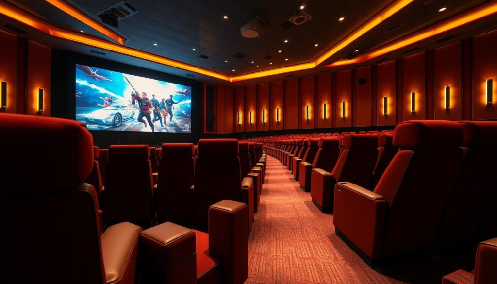 A well-lit, modern cinema auditorium with plush, comfortable seating arranged in rows facing a large, high-definition screen. The seats are upholstered in a rich, velvety fabric, offering ample legroom and recline. Warm, ambient lighting illuminates the aisles, creating a cozy, inviting atmosphere. The screen displays a vibrant, cinematic scene, with sharp, lifelike images and a captivating visual narrative. The camera angle captures the grandeur of the space, emphasizing the scale and immersion of the movie-going experience.