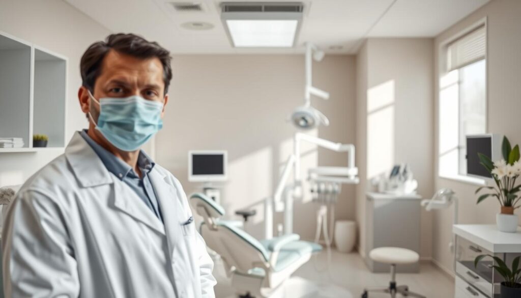 A well-lit, modern dental clinic interior with a reassuring, professional atmosphere. In the foreground, a dentist in a white coat stands beside a patient chair, their face obscured by the angle. The middle ground features state-of-the-art dental equipment and tools, conveying a sense of expertise and care. The background showcases calming, minimalist decor with soothing colors and natural lighting, creating a comfortable, welcoming environment. The overall composition emphasizes the clinic's focus on patient experience, attention to detail, and commitment to quality dental services.