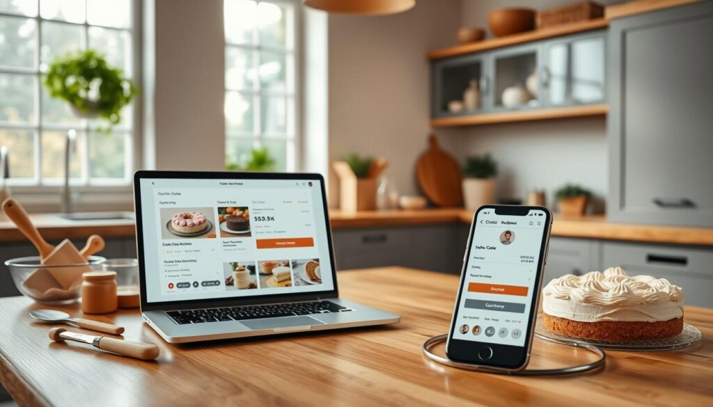 A well-lit, modern kitchen interior with a central wooden table. On the table, a laptop displays an online cake ordering interface, showcasing product images, customization options, and a secure checkout process. In the foreground, a smartphone shows a mobile-friendly version of the ordering platform. Surrounding the table, baking ingredients, utensils, and a freshly frosted cake suggest the artisanal nature of the bakery's offerings. Warm, natural lighting filters through a large window, creating a cozy, inviting atmosphere. The overall composition emphasizes the ease and convenience of the online cake ordering experience.