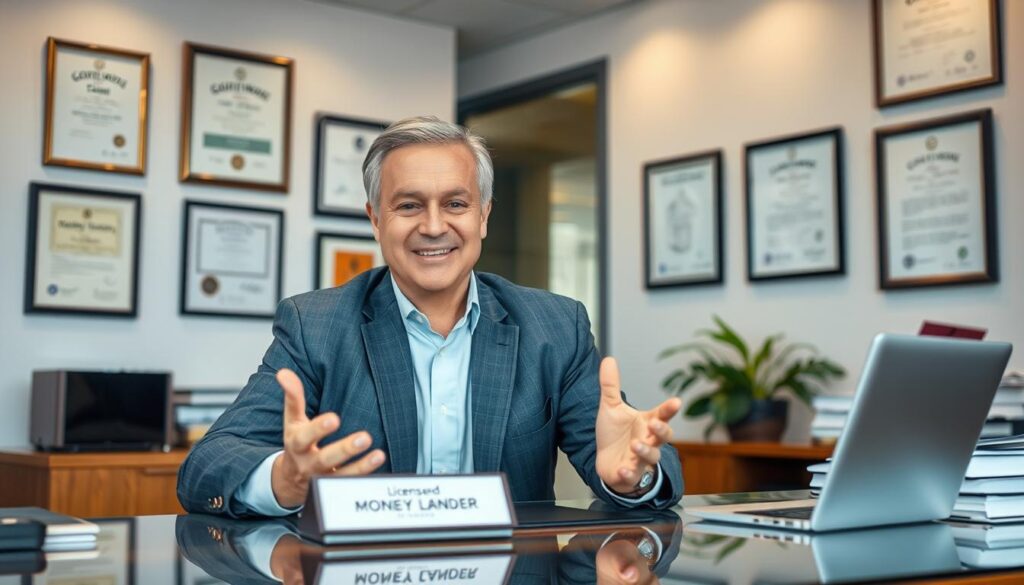 A well-lit, modern office interior featuring a middle-aged, professionally dressed man seated at a neatly organized desk. The man has a warm, friendly expression and is gesturing with his hands, suggesting an engaging conversation. The desk is adorned with a professional-looking nameplate, and the walls are decorated with framed certificates and licenses, conveying a sense of trustworthiness and legitimacy. The lighting is soft and diffused, creating a welcoming atmosphere. The overall scene projects an image of a licensed, reputable money lender who is dedicated to providing personalized, ethical financial services.