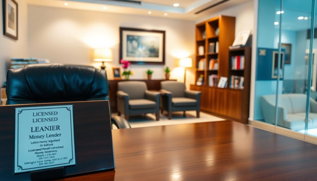 A well-lit, professional office interior showcasing a licensed money lender in Singapore. In the foreground, a wooden desk with a plaque displaying the business name and licensing details. Behind it, an executive-style chair and a bookshelf filled with finance-related books. The middle ground features two comfortable chairs for client consultations, set against a backdrop of tasteful wall decor and artwork. The lighting is warm and inviting, creating a sense of trust and legitimacy. The overall atmosphere conveys a professional, regulated, and trustworthy money lending establishment.