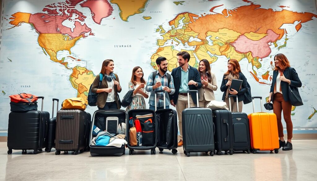 A well-lit, wide-angle shot of a group of frequent travelers packing their bags, standing in front of a world map backdrop. The travelers, dressed in casual yet stylish attire, are engaged in animated discussions, suggesting the excitement and preparation for their upcoming journeys. The middle ground features open suitcases displaying various travel essentials, while the background showcases a detailed, richly colored world map, symbolizing the global nature of their travel experiences. The overall composition conveys a sense of adventure, camaraderie, and the comprehensive coverage offered by a comprehensive travel insurance policy tailored for frequent travelers.