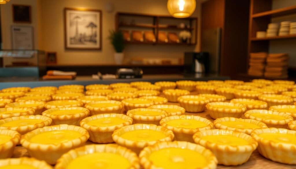 A well-stocked display of freshly baked pineapple tarts, their golden crusts gleaming under warm, soft lighting. The tarts are arranged artfully on a wooden counter, their vibrant fillings peeking through delicate pastry. In the background, a cozy bakery setting with minimalist decor and hints of traditional Chinese design elements. The overall scene exudes a sense of quality, craftsmanship, and the comforting aroma of the local delicacy, inviting the viewer to imagine the flavors and textures of these pineapple treats.