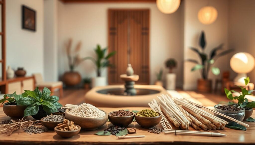 Affordable TCM treatments in a serene, natural setting. A tranquil traditional Chinese medicine clinic, with warm lighting and earthy tones. In the foreground, various TCM herbs, acupuncture needles, and other natural remedies neatly arranged on a wooden table. In the middle ground, a calming water feature or indoor plant, conveying a sense of balance and wellness. The background showcases a minimalist, zen-inspired interior design with clean lines and neutral colors, creating a soothing ambiance. The overall composition evokes a holistic, inviting atmosphere for affordable and accessible TCM therapies.