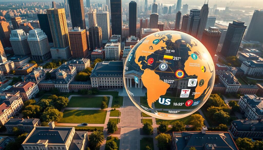 An aerial view of a prestigious university campus, with stately buildings, manicured lawns, and a grand central plaza. The campus is set against a backdrop of towering skyscrapers, reflecting the vibrant urban environment it is embedded in. In the foreground, a three-dimensional holographic globe floats, displaying various ranking metrics and university logos from around the world, illuminated by a warm, golden light. The scene conveys a sense of academic excellence, global connectivity, and the city's role as a hub of higher education. An aerial view of a prestigious university campus, with stately buildings, manicured lawns, and a grand central plaza. The campus is set against a backdrop of towering skyscrapers, reflecting the vibrant urban environment it is embedded in. In the foreground, a three-dimensional holographic globe floats, displaying various ranking metrics and university logos from around the world, illuminated by a warm, golden light. The scene conveys a sense of academic excellence, global connectivity, and the city's role as a hub of higher education.