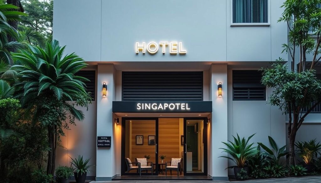 An affordable hotel facade in Singapore, showcasing a modern, minimalist design with clean lines and a warm, inviting atmosphere. The building is set against a backdrop of lush, tropical greenery, creating a serene and peaceful ambiance. The image is captured from a slightly elevated angle, allowing for a clear view of the hotel's entrance, with its well-lit signage and a small, inviting outdoor seating area. The lighting is soft and diffused, casting a warm glow over the scene and emphasizing the hotel's welcoming atmosphere. The image conveys a sense of relaxation and comfort, perfectly suited for an article highlighting the best affordable hotel options in Singapore.