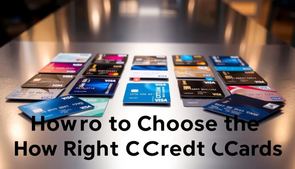An array of credit cards carefully laid out on a sleek, metallic surface, reflecting the ambient lighting. The cards are arranged in a visually appealing, symmetrical pattern, showcasing their diverse designs and features. The background is blurred, creating a sense of focus on the credit cards themselves. The lighting is soft and subtle, creating a sense of sophistication and elegance. The overall composition conveys a sense of thoughtful selection and decision-making, aligning with the theme of "How to Choose the Right Credit Card".
