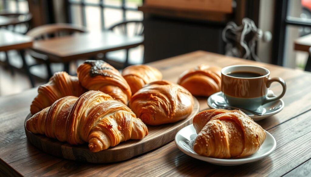 An elegant arrangement of freshly baked brunch pastries on a rustic wooden table in the heart of Singapore's vibrant cafe scene. Delicate croissants, buttery pain au chocolat, and flaky kouign-amann glisten under the soft, natural light filtering through the large windows. A steaming cup of aromatic coffee sits nearby, its rich aroma mingling with the sweet scents of the pastries. The scene exudes a cozy, inviting atmosphere, perfect for a leisurely weekend brunch in the bustling city.