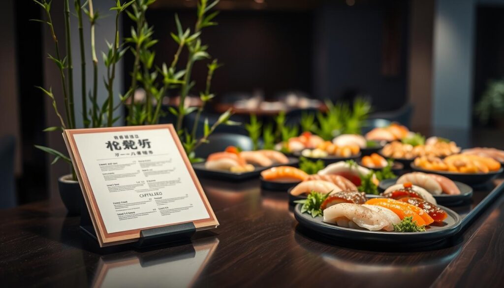 An elegantly presented Japanese buffet menu, featuring a striking array of sushi, sashimi, and other authentic Japanese delicacies. The foreground showcases the menu itself, artfully arranged on a sleek, dark wooden table, with a subtle play of light and shadow adding depth and drama. In the middle ground, the table is flanked by delicate bamboo shoots and vibrant green foliage, creating a serene, natural ambiance. The background is softly blurred, hinting at the bustling atmosphere of a high-end Japanese restaurant, with muted lighting and a minimal, contemporary aesthetic. The overall mood is one of refined sophistication, inviting the viewer to imagine the culinary delights that await at this exceptional Japanese buffet.