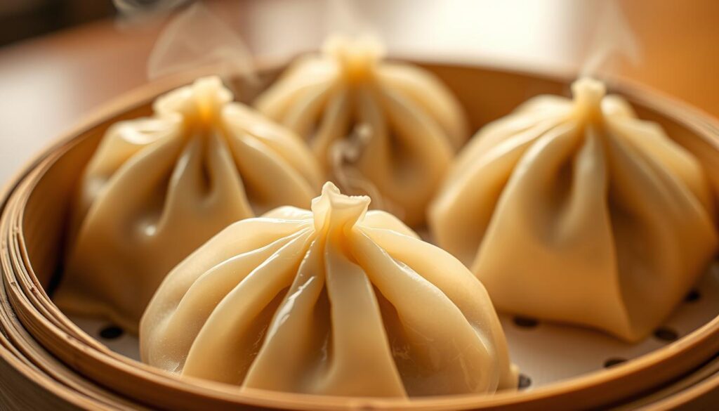 An exquisite close-up of premium xiao long bao in Singapore. The steaming dumplings are nestled on a delicate bamboo steamer, their glistening translucent skins revealing the rich, savory pork filling within. The lighting is soft and warm, casting a golden glow that highlights the intricate pleats and delicate folds of the buns. The background is blurred, allowing the focus to remain solely on the tantalizing dumplings, inviting the viewer to imagine the burst of flavor that awaits with the first bite. This is a refined and mouthwatering representation of the pinnacle of Singaporean dumpling craftsmanship. An exquisite close-up of premium xiao long bao in Singapore. The steaming dumplings are nestled on a delicate bamboo steamer, their glistening translucent skins revealing the rich, savory pork filling within. The lighting is soft and warm, casting a golden glow that highlights the intricate pleats and delicate folds of the buns. The background is blurred, allowing the focus to remain solely on the tantalizing dumplings, inviting the viewer to imagine the burst of flavor that awaits with the first bite. This is a refined and mouthwatering representation of the pinnacle of Singaporean dumpling craftsmanship.