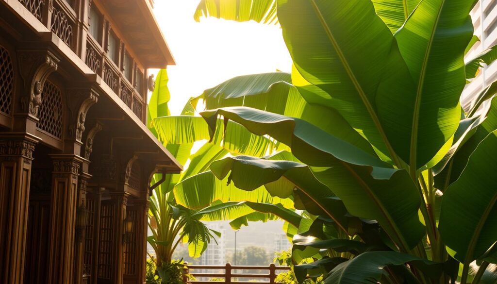 An exquisitely detailed image of the iconic Banana Leaf Apollo restaurant, its vibrant green banana leaves and ornate facade bathed in warm, golden sunlight. The foreground features the restaurant's intricate architectural elements, including ornate columns, carved doors, and intricate latticework. The middle ground showcases the lush, verdant banana leaves that give the restaurant its distinctive character, their broad, glossy surfaces catching the dappled light. In the background, a serene, hazy urban landscape frames the scene, creating a sense of place and context. The overall mood is one of lush, tropical elegance, perfectly capturing the essence of this renowned Singaporean dining destination.