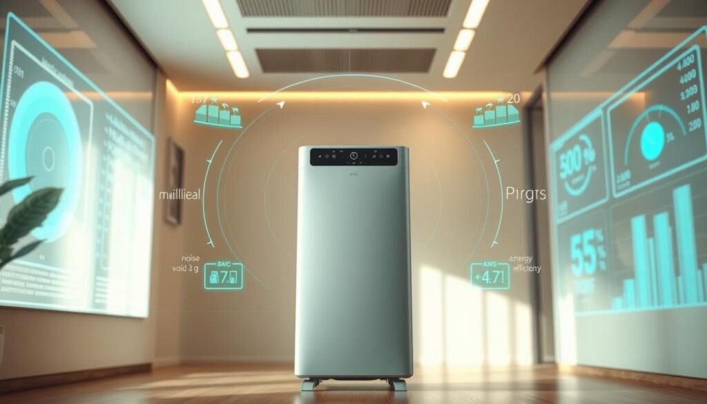 An interior scene showcasing a sleek, modern air purifier against a backdrop of dynamic energy efficiency metrics. In the foreground, the air purifier stands tall, its minimalist design and intuitive control panel prominently displayed. Surrounding the purifier, a holographic data visualization system projects real-time noise level and energy efficiency readings, creating an immersive, informative display. The background features a softly lit, high-tech environment, with clean lines and a neutral color palette that complements the purifier's design. Subtle lighting and depth-of-field effects draw the viewer's attention to the key details, highlighting the air purifier's advanced features and performance.