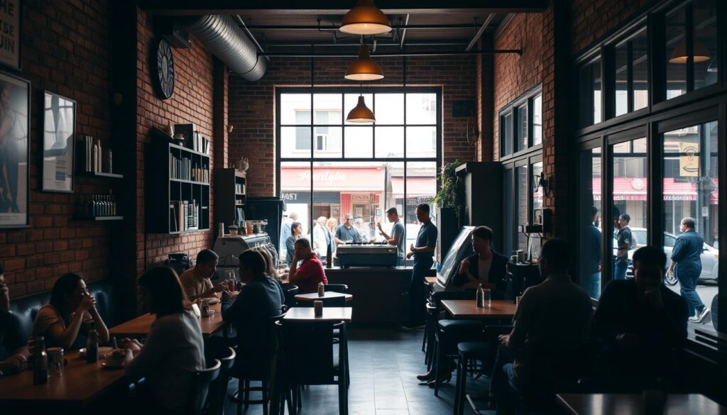 An intimate, cozy coffeehouse nestled in the vibrant heart of Little India, Asylum Coffeehouse exudes a warm, welcoming ambiance. The rustic, exposed brick walls and wooden furnishings create a charming, inviting atmosphere, while soft, natural lighting filters through the large windows, casting a gentle glow over the space. In the foreground, patrons sip their artisanal brews, engaged in lively conversations or quietly lost in thought. The middle ground showcases the well-stocked coffee bar, where skilled baristas meticulously craft each drink. In the background, the bustling streets of Little India can be glimpsed through the windows, a vibrant contrast to the tranquil refuge of the coffeehouse.
