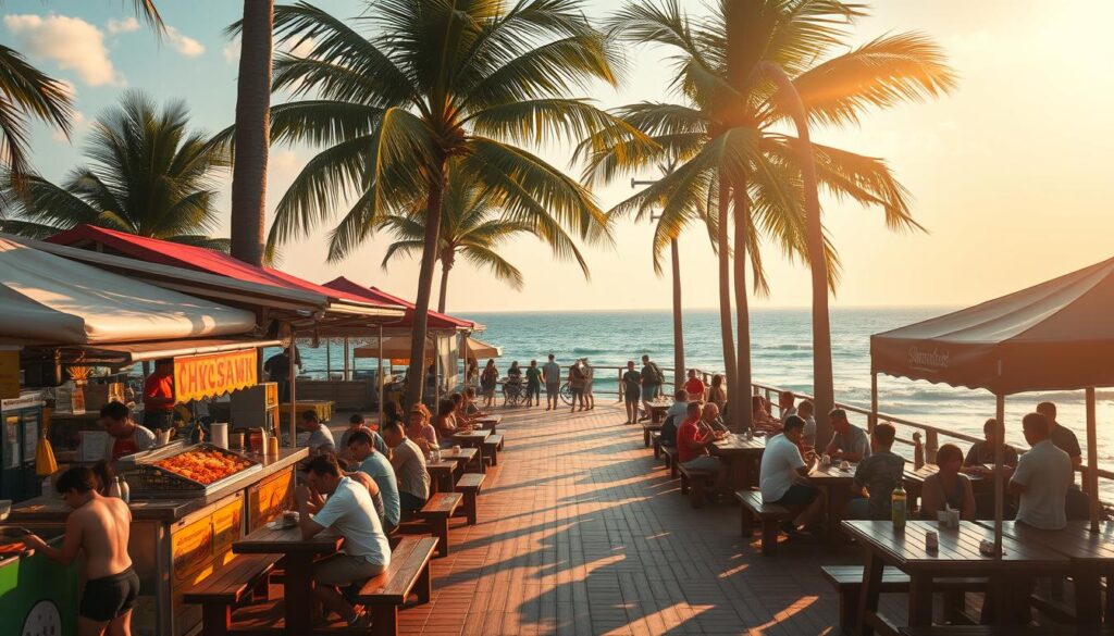 An open-air seaside food court nestled along the idyllic East Coast Lagoon, bathed in warm golden sunlight. Rows of vibrant food stalls and canopies line the boardwalk, their aromas wafting through the gentle sea breeze. Diners sit at rustic wooden tables, savoring local delicacies as they gaze out at the shimmering blue waters and swaying palm trees. The scene is infused with a laidback, nostalgic atmosphere, evoking the charm of Singapore's heritage and the simple pleasures of alfresco dining by the coast.