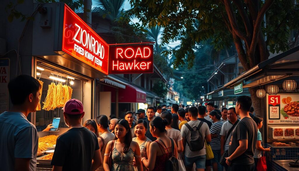 An outdoor street scene in Singapore, with a bustling Hawker stall prominently featured in the foreground. The stall displays a vibrant neon sign that reads "Zion Road Fried Kway Teow", casting a warm glow over the scene. In the middle ground, a diverse crowd of locals and tourists eagerly queue to order the famous dish, their expressions anticipating the savory flavors. The background is filled with the characteristic shophouses, lush tropical foliage, and a hint of the evening sky, creating an immersive and authentic Singaporean atmosphere. The lighting is natural yet dramatic, with strategic shadows and highlights emphasizing the textures of the ingredients and the energy of the setting. The overall mood is one of mouthwatering temptation and vibrant cultural experience.