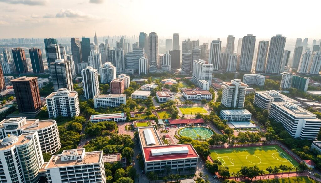 An overhead view of a bustling Singaporean city, showcasing the diverse range of secondary schools. In the foreground, several modern, multi-story buildings with distinctive architectural styles represent the various educational institutions. The middle ground features lush, well-manicured school campuses, surrounded by neatly organized sports fields and recreational areas. In the background, the skyline is dominated by towering skyscrapers, reflecting Singapore's dynamic urban landscape. The scene is bathed in warm, golden sunlight, creating a sense of vibrancy and prosperity. The image captures the harmonious blend of educational excellence and the cosmopolitan nature of Singapore's secondary school system.