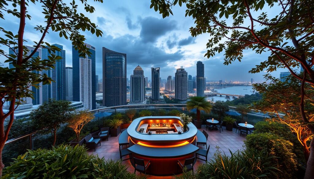 Artemis Grill rooftop garden, a lush oasis in the heart of Singapore's financial district. Sweeping vistas of towering skyscrapers and the sparkling Marina Bay unfold before a tranquil outdoor terrace. Vibrant greenery frames the scene, with verdant plants and trees casting dappled shadows. Warm evening light filters through, creating a cozy, inviting ambiance. At the center, a sleek and modern bar invites guests to sip craft cocktails while taking in the breathtaking cityscape. A wide-angle lens captures the scale and grandeur of this elevated urban retreat, showcasing its perfect balance of nature and metropolitan sophistication.