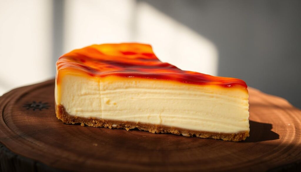 Basque burnt cheesecake, a decadent delight with a golden-brown, caramelized top and a silky, creamy interior. Positioned on a rustic wooden surface, the cheesecake's inviting aroma fills the air, enticing the viewer. Soft, natural lighting illuminates the dessert, casting gentle shadows that accentuate its texture and depth. The slice is presented at a slight angle, revealing the sumptuous cross-section, showcasing the cake's distinct layers and the delicate balance of sweetness and creaminess. This image captures the essence of what makes the best cheesecake in Singapore - a harmonious blend of indulgence, craftsmanship, and the ability to evoke a sense of pure culinary pleasure.