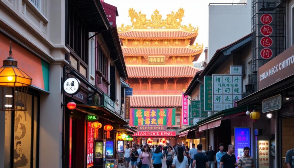 Chinatown street scene, bustling with activity. Quaint shophouses and lantern-adorned alleyways in the foreground, vibrant neon signs and banners in the middle ground. In the background, a glimpse of the iconic Thian Hock Keng temple, its ornate roofs and intricate carvings bathed in warm, golden light. The atmosphere is lively and authentic, with pedestrians strolling, vendors calling out, and the aroma of street food wafting through the air. The camera angle is slightly elevated, providing a compelling, panoramic view of this charming, quintessential Chinatown locale.