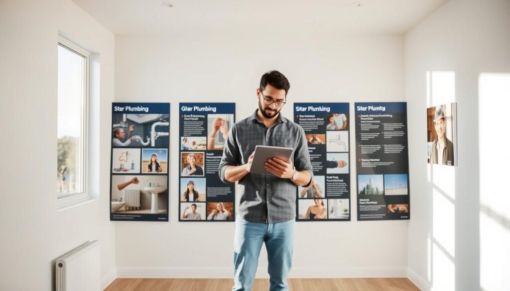Choosing plumbing services in Singapore: A well-lit, contemporary room with a homeowner standing in the center, examining a tablet device while surrounded by images and information about different plumbing companies. The walls feature a clean, minimalist design with neutral tones, complemented by natural lighting streaming in from large windows. The homeowner is dressed in casual, comfortable attire, conveying a sense of thoughtful decision-making. The overall atmosphere is one of a modern, organized, and informative environment, reflecting the process of carefully selecting the best plumber for one's needs.