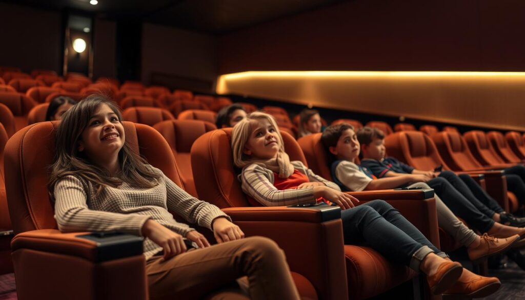 Cozy family-friendly cinema seats, plush and inviting, arranged in a warm, well-lit auditorium. Soft ambient lighting casts a gentle glow, creating a comfortable and relaxing atmosphere. The seats are stylishly upholstered in rich, neutral tones, complementing the modern, yet classic decor. Ample legroom and armrests provide a spacious and accommodating experience. The theater's attention to detail and family-centric design ensures a welcoming and enjoyable cinema experience for all.