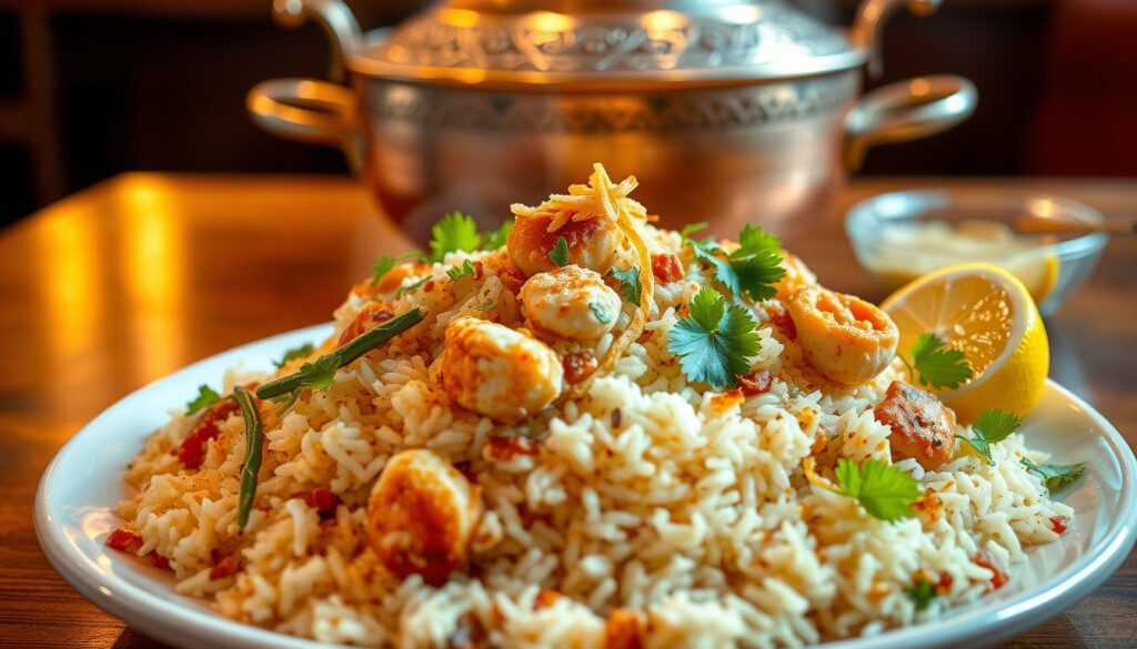 Crab briyani, a fragrant and vibrant dish, served steaming hot on a wooden table. In the foreground, a plate brimming with fluffy basmati rice, punctuated by tender pieces of succulent crab meat, infused with aromatic spices. Garnished with fresh coriander leaves, crispy fried onions, and a wedge of lemon, creating a visually captivating presentation. The middle ground features a traditional copper serving vessel, its intricate design reflecting the rich cultural heritage of this Singaporean culinary delight. Warm, golden lighting casts a cozy glow, evoking the lively atmosphere of Meatsmith's Little India restaurant, where this dish is meticulously prepared with care and expertise.