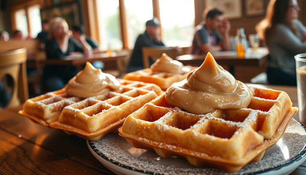Delectable peanut butter waffles, golden and crisp, freshly prepared at the charming Gambateh Cafe. The waffles are dusted with powdered sugar, their aroma wafting through the cozy, sun-dappled cafe interior. A generous dollop of creamy peanut butter adorns each fluffy square, its rich flavor melding with the buttery waffle. Soft natural light filters through the cafe's large windows, casting a warm glow on the scene. Diners seated at rustic wooden tables savor every bite, the waffles a comforting and satisfying heartland delight.