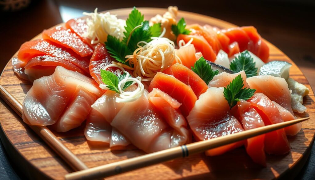 Delectable sashimi selection, artfully arranged on a wooden board. A vibrant array of thinly sliced, glistening raw fish - succulent salmon, tuna, yellowtail, and more. Garnished with delicate shreds of pickled ginger, crisp shallots, and vibrant green shiso leaves. The scene is bathed in warm, natural lighting, casting a soft, inviting glow over the fresh, high-quality seafood. A pair of elegant, lacquered chopsticks rest nearby, beckoning the viewer to savor each exquisite morsel. The overall presentation evokes the essence of authentic Japanese cuisine, where simplicity and attention to detail reign supreme.