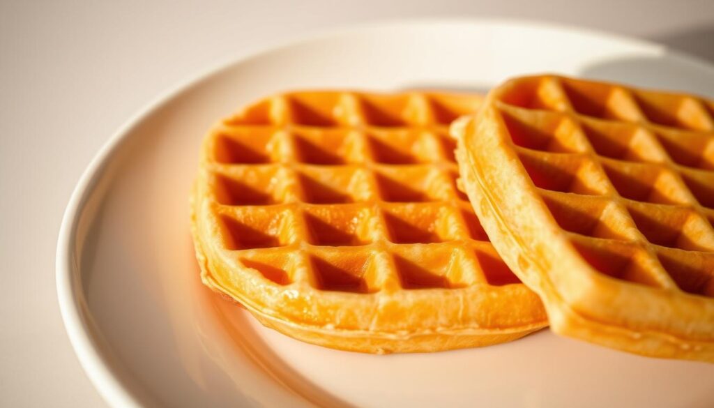 Delicate, golden-brown waffles with a light, airy texture, glistening under warm, soft lighting. Precise, uniform indentations across the surface, with a subtle hint of crispness around the edges. A minimalist, contemporary setting, with the waffles presented on a sleek, white ceramic plate, against a background of clean, neutral tones that allow the waffles to be the star. Exquisite, almost ethereal in their simplicity, these waffles embody the essence of lightness and refinement.