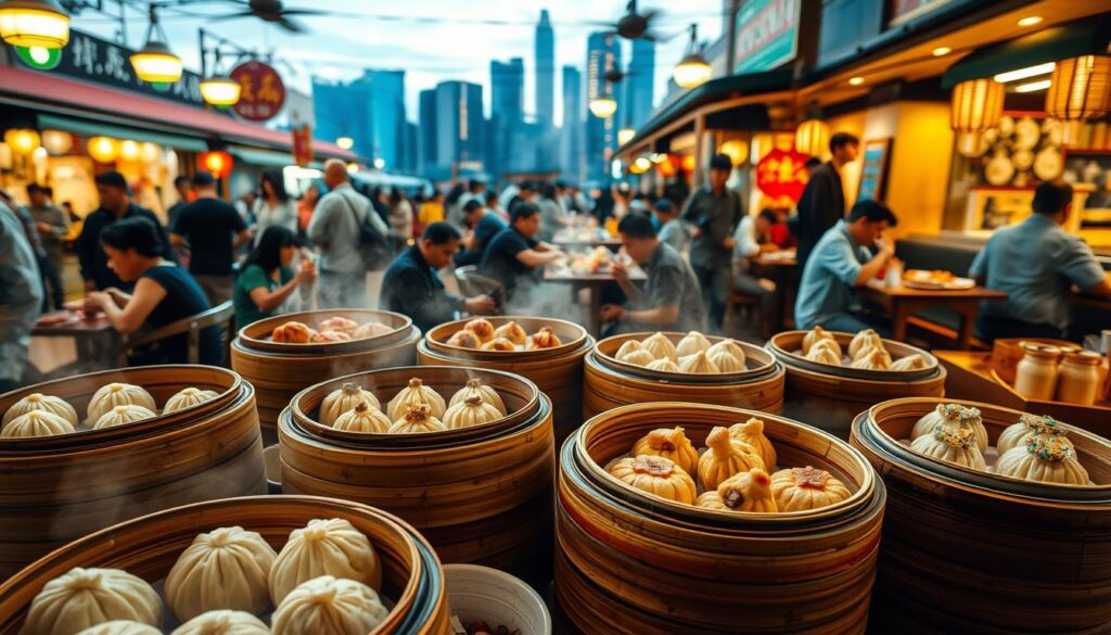 Dim sum in Singapore: A mouthwatering tableau set against the bustling backdrop of a vibrant hawker center. In the foreground, steaming bamboo baskets brimming with delectable bite-sized delights - fluffy buns, savory dumplings, and fragrant rice rolls. Ambient lighting casts a warm glow, complementing the rich, earthy tones of polished wood tables and rattan chairs. The middle ground showcases a diverse array of diners, from families gathered for a lively weekend brunch to suited businessmen enjoying a leisurely mid-day respite. In the distance, the iconic skyline of Singapore's skyscrapers forms a dramatic, modern counterpoint to the timeless traditions of this beloved Cantonese culinary experience.