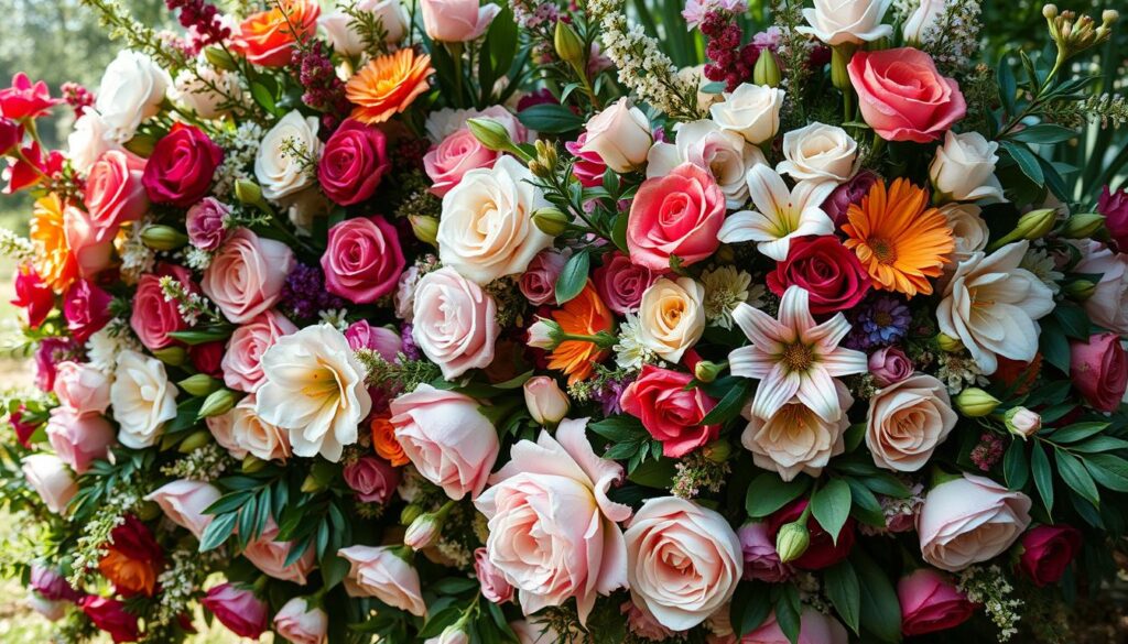 Elaborate, ornate floral arrangements in a natural, garden-like setting. Lush, vibrant blooms in a variety of colors and textures - roses, peonies, lilies, and more - artfully combined in asymmetrical, free-flowing compositions. Soft, diffused natural lighting filters through the arrangement, casting gentle shadows and highlights. The flowers are photographed at a medium range, with a slightly elevated, angled perspective to showcase the depth and visual interest. An air of sophistication and exclusivity permeates the scene, conveying the bespoke, high-end nature of the floral designs.
