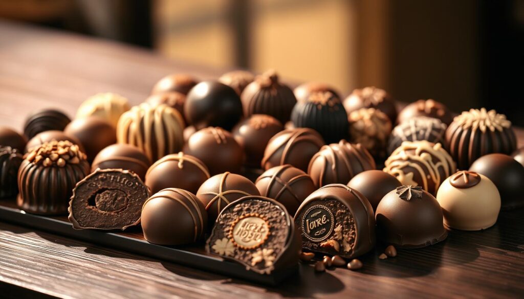 Elegant assortment of premium chocolate truffles, pralines, and bonbons, meticulously arranged on a dark wooden surface. The chocolates are artfully presented, with a variety of shapes, textures, and cocoa percentages. Soft, directional lighting casts warm, inviting shadows, highlighting the glossy sheen and intricate details of each confection. The background is subtly blurred, keeping the focus on the luscious chocolate treats. An atmosphere of refined indulgence and century-old craftsmanship, evoking the timeless elegance of Huize van Wely's patisserie.