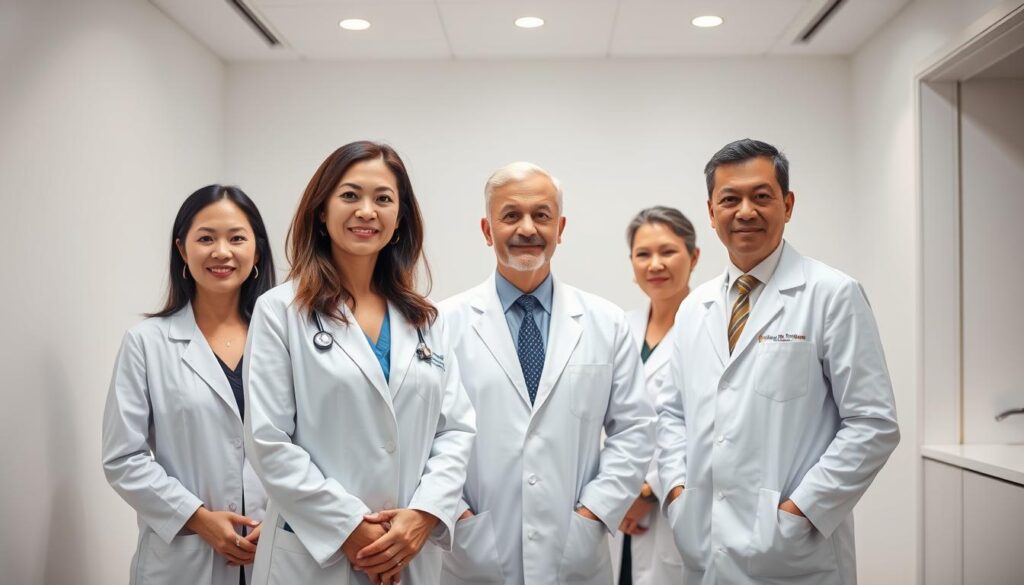 Elegant medical portraits of Singapore's top dermatologists, captured in a sophisticated, clinical setting. Pristine white walls and minimal decor provide a refined, professional backdrop. Subjects are positioned at a slight angle, exuding confidence and expertise. Soft, directional lighting highlights their features and accentuates their medical attire - crisp white coats, subtle ties, and badges of distinction. The overall atmosphere conveys a sense of authority, trust, and excellence in the field of dermatology. No distracting elements, just a clean, compelling visual representation of the leading practitioners in this important medical specialty.