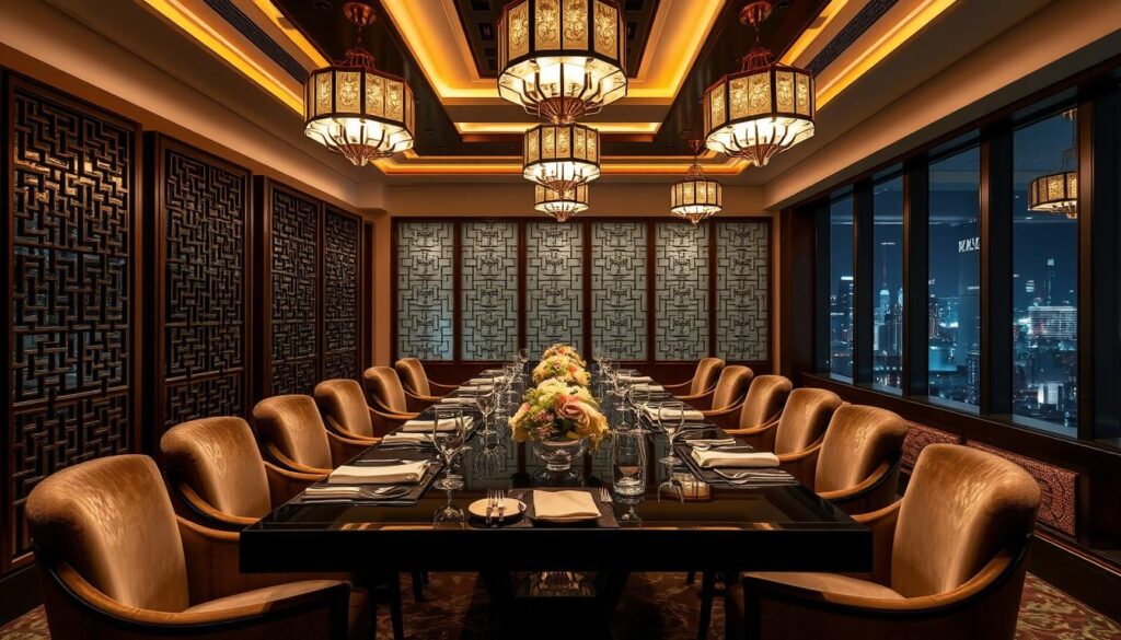 Elegant private dining area in a renowned Cantonese restaurant, softly lit by ambient chandeliers casting a warm glow over the intimate setting. Intricately carved wooden screens partition the space, creating a sense of exclusivity. A long polished table is adorned with fine china, delicate floral arrangements, and gleaming silverware, inviting guests to indulge in a curated culinary experience. Plush upholstered chairs surround the table, promising comfort and relaxation. Large windows offer a glimpse of the bustling city outside, while maintaining a peaceful, refined ambiance within. Elegant private dining area in a renowned Cantonese restaurant, softly lit by ambient chandeliers casting a warm glow over the intimate setting. Intricately carved wooden screens partition the space, creating a sense of exclusivity. A long polished table is adorned with fine china, delicate floral arrangements, and gleaming silverware, inviting guests to indulge in a curated culinary experience. Plush upholstered chairs surround the table, promising comfort and relaxation. Large windows offer a glimpse of the bustling city outside, while maintaining a peaceful, refined ambiance within.
