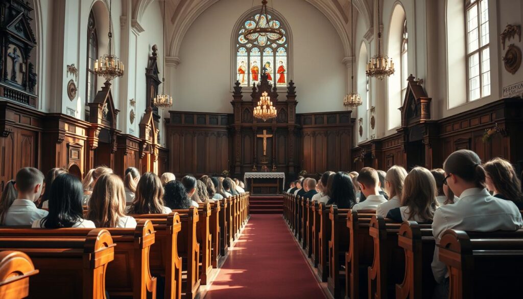 Elegant, sun-dappled chapel interior of a prestigious girls' school, with rows of polished wood pews facing a stained glass-adorned altar. Soft natural light filters through large arched windows, casting a warm, reverent glow over the space. Uniformed students sit attentively, heads bowed, as a serene, prayerful atmosphere pervades the scene. Intricate architectural details, such as carved wooden pulpits and ornate chandeliers, lend an air of timeless tradition. The overall composition captures the essence of a solemn, yet tranquil, school chapel service.