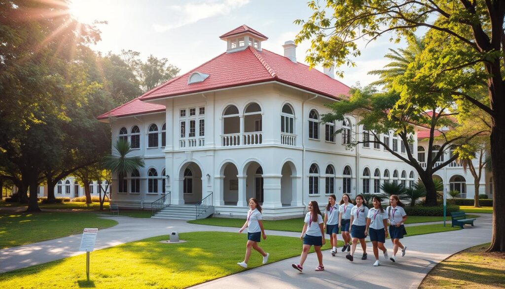 Elegant two-story colonial building with a distinctive turret and arched entrances, surrounded by lush greenery and verdant lawns. Sunlight filters through the trees, casting a warm, inviting glow on the red-tiled roof and white facade. Students in crisp uniforms walk along the paved pathways, their laughter echoing through the serene campus. A blend of traditional and modern architecture, reflecting the school's rich heritage and commitment to academic excellence. Captured with a wide-angle lens to showcase the expansive grounds and impressive scale of the Raffles Girls' Primary School.
