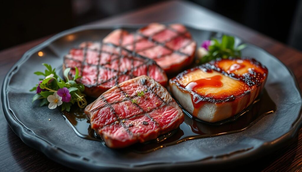 Elegant wagyu beef steak and seared foie gras platter, resting on a dark wooden table. The beef is perfectly marbled, seared to a mouthwatering medium-rare. The foie gras glistens with a caramelized crust. Artfully arranged garnishes like microgreens, edible flowers, and a drizzle of reduction sauce provide a visually stunning contrast. Soft, warm lighting casts a cozy, intimate ambiance, highlighting the luxurious textures and flavors of these premium izakaya delicacies.