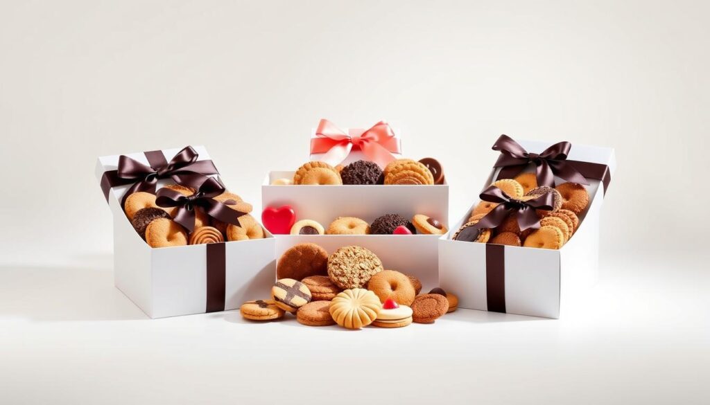 Exquisite, artfully arranged cookie gift boxes set against a minimalist, well-lit background. Meticulously crafted confections in a variety of flavors and shapes, carefully packaged in sleek, modern boxes with elegant ribbon accents. The boxes are positioned at an angle, creating a sense of depth and visual interest. Soft, diffused lighting from above casts a warm, inviting glow, highlighting the rich, tempting colors of the cookies. The overall composition evokes a sense of thoughtfulness, quality, and the perfect gift for any occasion.
