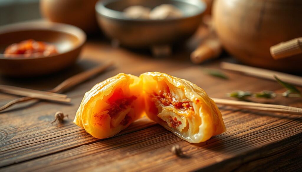 Handmade Teochew kueh, a delicate and traditional Singaporean delicacy, resting on a wooden table. The kueh showcases its vibrant colors and intricate patterns, meticulously crafted by skilled hands. Soft, translucent layers of sticky rice dough encase a savory or sweet filling, emanating a captivating aroma. Warm, diffused lighting casts a gentle glow, highlighting the kueh's artisanal quality. The table is adorned with simple, rustic elements, creating a homely and inviting ambiance. A sense of care and attention to detail permeates the scene, reflecting the time-honored tradition of Teochew kueh-making.