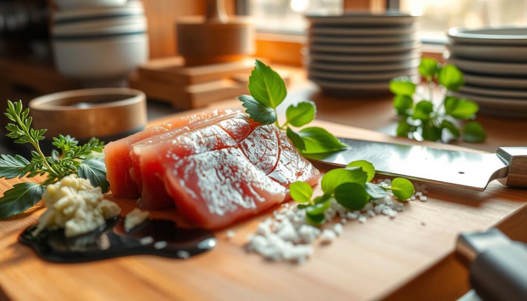High-quality ingredients in a Japanese kitchen, meticulously arranged: a slab of glistening tuna sashimi, freshly grated wasabi, a handful of vibrant shiso leaves, a drizzle of premium soy sauce, and a sprinkle of crunchy sea salt. Sunlight filters through the window, casting a warm glow on the scene. The cutting board is made of rich, honey-toned wood, and the knives are razor-sharp, their blades reflecting the light. In the background, a display of neatly stacked ceramic bowls and plates suggests the attention to detail that defines Japanese cuisine. The overall mood is one of quiet refinement and reverence for the ingredients.