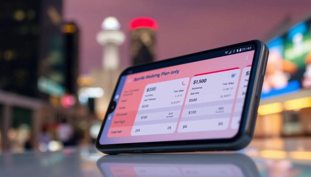 High-quality, sharp image of a modern mobile device display showcasing sim-only mobile plans with monthly costs under S$10. The screen has a clean, minimalist design with a simple, intuitive interface displaying plan details such as data allowance, call minutes, and monthly subscription fee. The background is a blurred, out-of-focus cityscape, suggesting an urban, metropolitan setting. The lighting is soft and diffused, creating a warm, inviting atmosphere. The camera angle is slightly angled, providing an engaging, dynamic perspective. The overall aesthetic is sleek, modern, and visually appealing, perfectly suited to illustrate the "Best SIM-Only Plans Under S$10" section of the "Best Mobile Plan Singapore: Compare Top Plans" article.