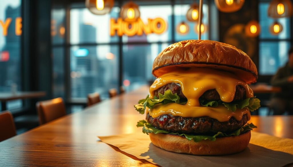 Honbo: a bustling burger joint in the heart of Singapore, serving up mouthwatering Hong Kong-style burgers. A close-up shot of their signature creation, the Honbo Burger, with a juicy, char-grilled patty, gooey melted cheese, crisp lettuce, and a toasted brioche bun. The scene is bathed in warm, golden lighting, creating a cozy, inviting atmosphere. In the background, glimpses of the lively Singaporean cityscape can be seen through the restaurant's large windows, adding to the dynamic urban setting. The overall composition captures the essence of this Hong Kong-inspired burger haven, enticing the viewer to take a bite and savor the flavors of the best burgers in Singapore.
