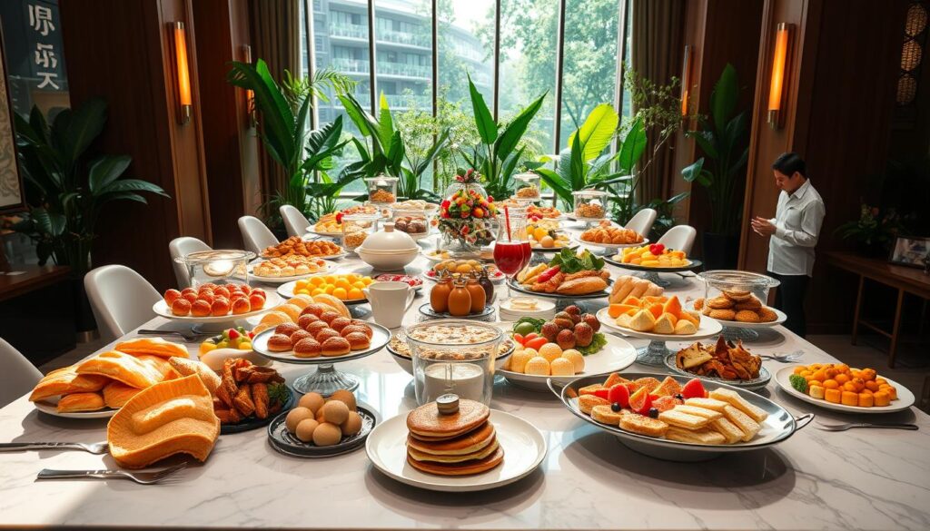 Lavish brunch buffet spread on a gleaming marble tabletop, surrounded by lush greenery and natural light streaming through floor-to-ceiling windows. Overflowing platters of sizzling eggs benedict, fluffy pancakes, fresh fruits, and an assortment of artisanal pastries. Elegant place settings, crisp white tablecloths, and discreet service staff ensure an atmosphere of refined indulgence. Soft, warm lighting accentuates the luxurious textures and vibrant colors of the sumptuous display. A tranquil, yet sophisticated ambiance that evokes the epitome of a luxurious brunch experience in Singapore.