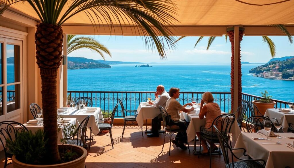 Maison Boulud: a sun-drenched dining terrace overlooking the French Riviera's azure waters. Elegant wrought-iron furniture, crisp white tablecloths, and a breathtaking panorama of the Mediterranean coastline. Soft natural light filters through swaying palm fronds, casting a warm glow on the scene. Guests savor exquisite French cuisine, sipping chilled rosé and enjoying the gentle sea breeze. An atmosphere of refined sophistication and joie de vivre pervades this idyllic dining experience, transporting patrons to the timeless elegance of the Côte d'Azur.