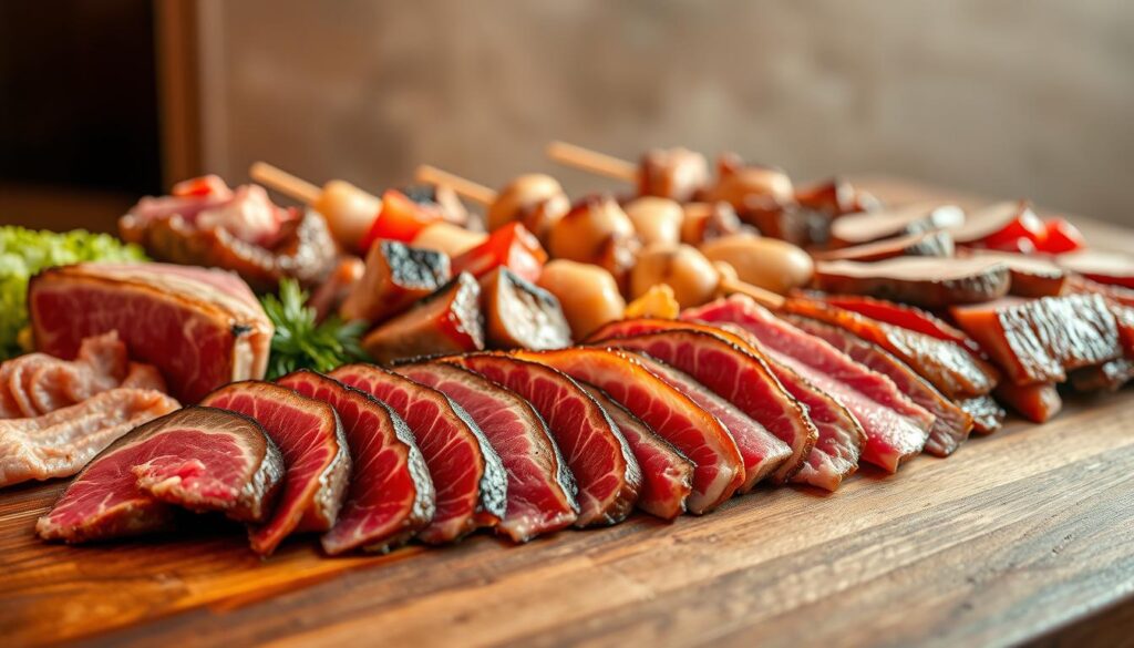 Meticulously arranged array of different yakiniku meat cuts, beautifully showcased on a rustic wooden surface. The foreground features juicy slices of well-marbled beef, pork belly, and thin strips of short rib, artfully arranged to highlight their unique textures and marbling. The middle ground includes skewers of chicken thighs and tender beef tongue, seasoned with a blend of spices. In the background, a minimalist backdrop of neutral tones allows the vibrant colors and details of the meats to take center stage, captured with a shallow depth of field for an elegant, high-end restaurant feel. Warm, directional lighting casts a golden glow, accentuating the succulent appearance of the meats.