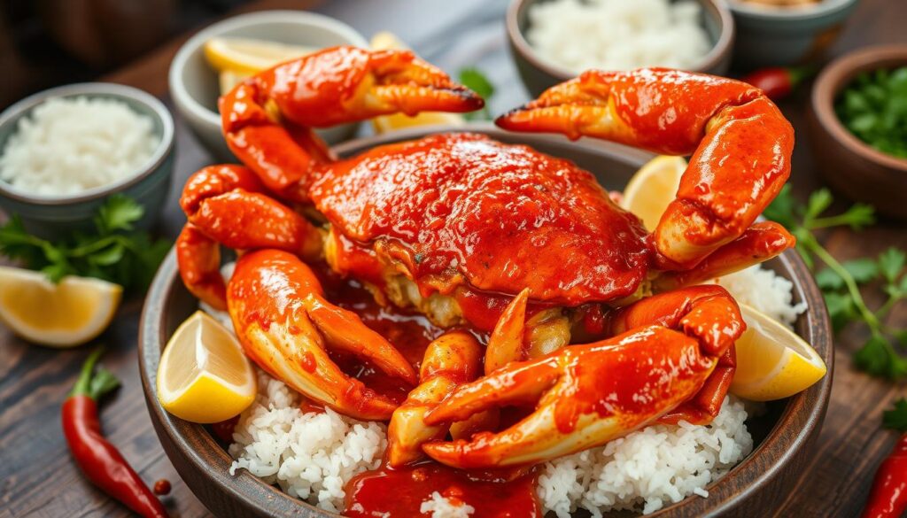 Mouth-watering classic chilli crab, glistening with a thick, vibrant red sauce, bursting with the savory umami flavors of crab meat, garlic, and chili peppers. A centerpiece dish on a rustic wooden table, surrounded by fresh herbs, lemon wedges, and steaming white rice. Soft, indirect lighting casts a warm glow, highlighting the intricate textures of the crab shell and the glossy sheen of the sauce. The composition emphasizes the dish's artful presentation, inviting the viewer to imagine the satisfying crunch of the crab and the comforting heat of the chili-infused sauce.