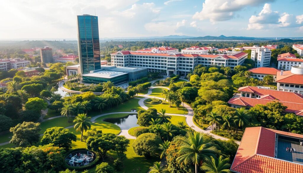 Nanyang Technological University campus, a sprawling oasis of verdant greenery and modern architecture nestled in the heart of Singapore. A majestic glass-and-steel structure stands tall, its sleek lines and gleaming facades reflecting the vibrant energy of academic pursuit. Lush, meticulously landscaped gardens wind through the campus, dotted with tranquil ponds and serene walkways, inviting students to pause and find inspiration. Sunlight filters through towering trees, casting a warm, golden glow over the scene, while the campus' iconic red-tiled roofs add a touch of traditional charm. An atmosphere of intellectual curiosity and innovation permeates the air, capturing the essence of one of Singapore's premier educational institutions. Nanyang Technological University campus, a sprawling oasis of verdant greenery and modern architecture nestled in the heart of Singapore. A majestic glass-and-steel structure stands tall, its sleek lines and gleaming facades reflecting the vibrant energy of academic pursuit. Lush, meticulously landscaped gardens wind through the campus, dotted with tranquil ponds and serene walkways, inviting students to pause and find inspiration. Sunlight filters through towering trees, casting a warm, golden glow over the scene, while the campus' iconic red-tiled roofs add a touch of traditional charm. An atmosphere of intellectual curiosity and innovation permeates the air, capturing the essence of one of Singapore's premier educational institutions.