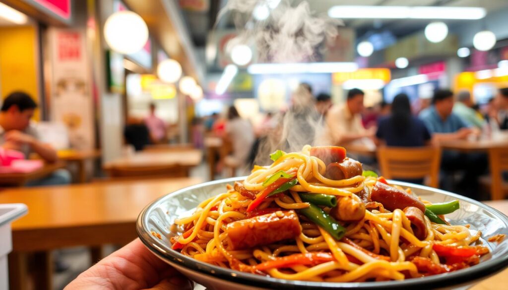 Outram Park fried kway teow, steaming hot and glistening, takes center stage in a bustling hawker center. The noodles, perfectly charred, are tossed with crisp bean sprouts, tender slices of Chinese sausage, and a vibrant sauce that clings to every strand. Bright overhead lighting casts a warm glow, highlighting the dish's enticing textures and colors. Diners sit at simple wooden tables, eagerly awaiting their plates of this beloved Singaporean delicacy. The scene exudes the lively energy and mouthwatering aromas of a quintessential Singaporean hawker experience.